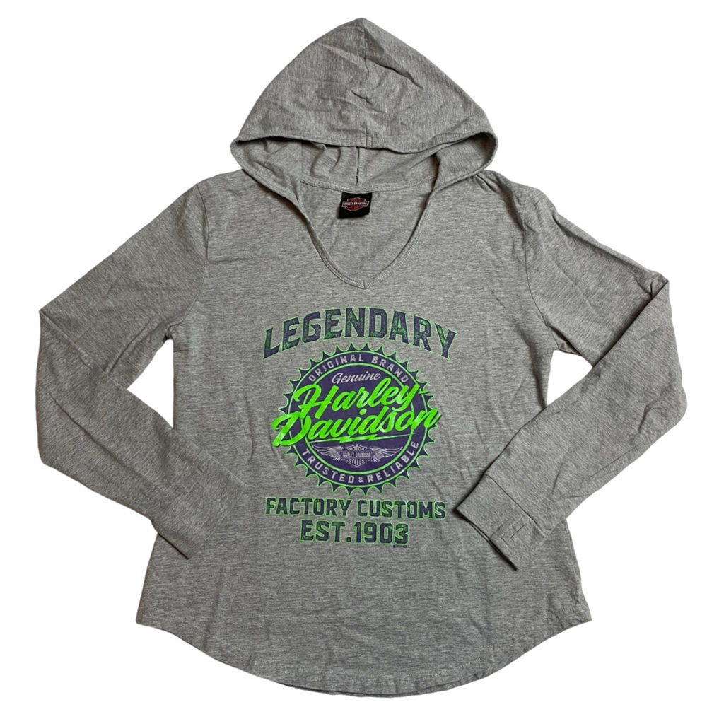 Harley Davidson Motor Cycles logo long sleeve hooded top t-shirt tee gray large